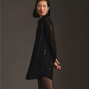 Anthropologie Rinku Dalamal Black Sequin Shirt Dress Size Medium MSRP $198